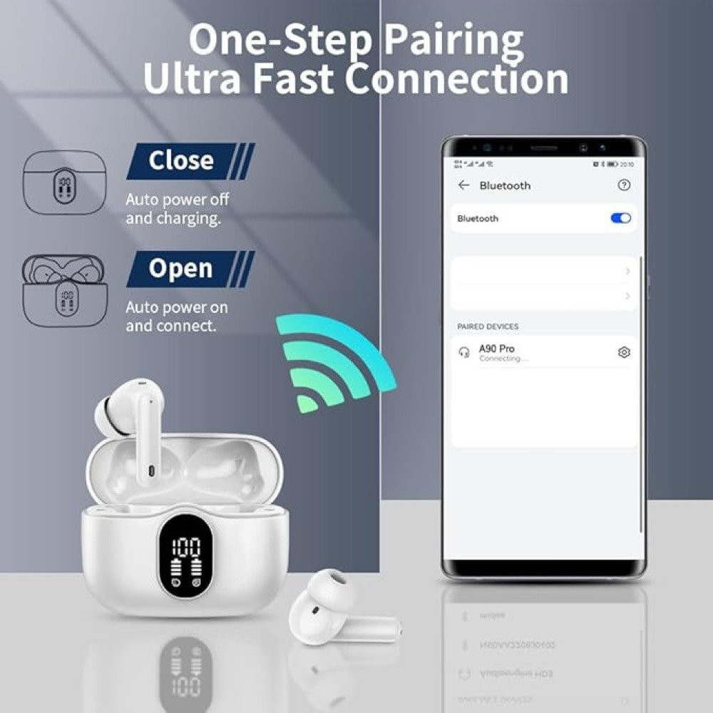TWS Wireless Earbuds with LED Display – ENC Noise Cancellation, HiFi Stereo, Bluetooth 5.3 – Black & White
