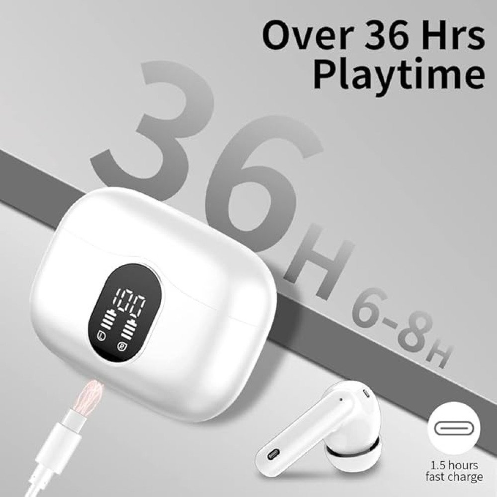 TWS Wireless Earbuds with LED Display – ENC Noise Cancellation, HiFi Stereo, Bluetooth 5.3 – Black & White