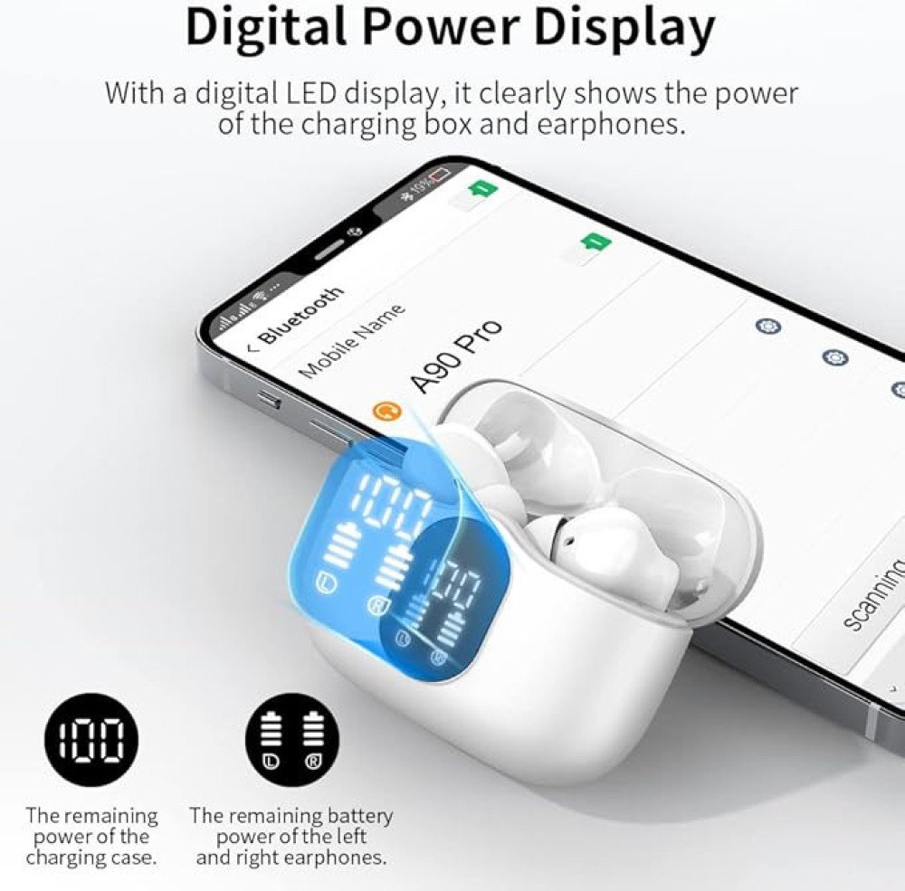 TWS Wireless Earbuds with LED Display – ENC Noise Cancellation, HiFi Stereo, Bluetooth 5.3 – Black & White
