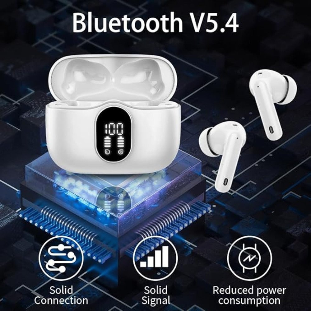 TWS Wireless Earbuds with LED Display – ENC Noise Cancellation, HiFi Stereo, Bluetooth 5.3 – Black & White