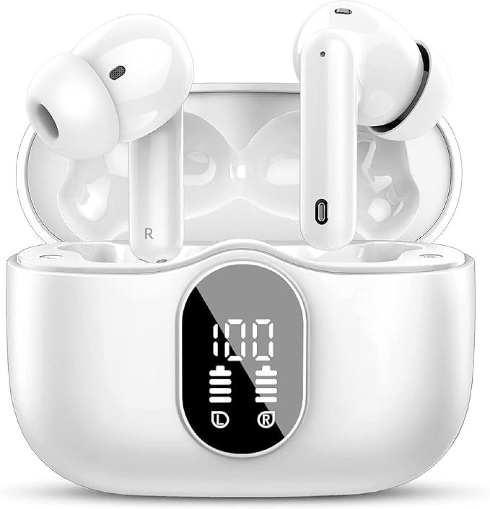 TWS Wireless Earbuds with LED Display – ENC Noise Cancellation, HiFi Stereo, Bluetooth 5.3 – Black & White