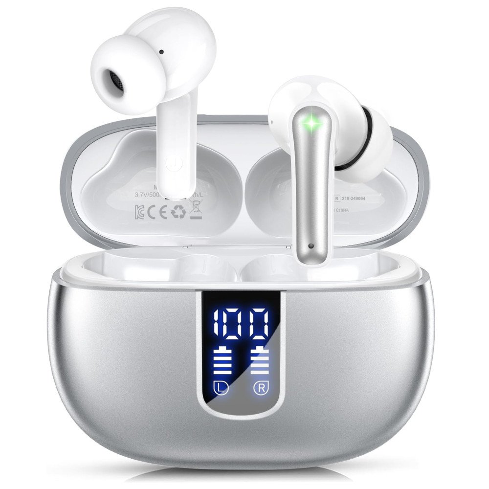 TWS Wireless Earbuds with LED Display – ENC Noise Cancellation, HiFi Stereo, Bluetooth 5.3 – Black & White