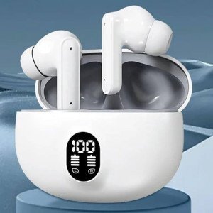 TWS Wireless Earbuds with LED Display – ENC Noise Cancellation, HiFi Stereo, Bluetooth 5.3 – Black & White