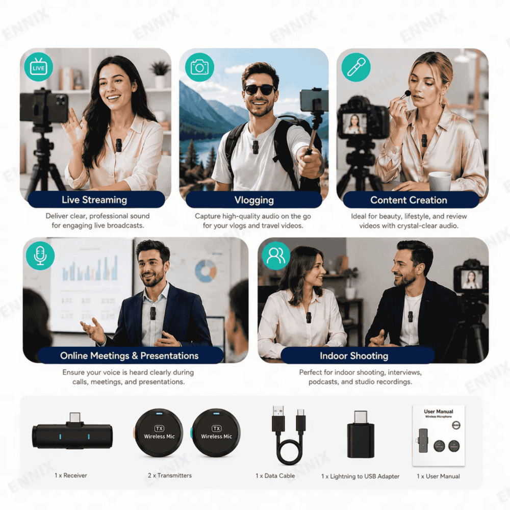 Ennix M1 TX Dual Wireless Lavalier Microphone with USB-C Charger