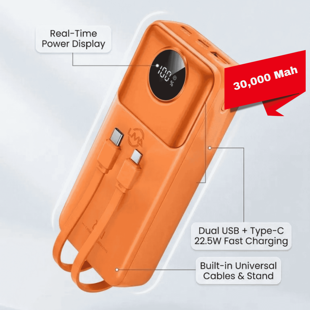 Power Bank 30000mAh with Built-in Fast Charging Cable | PD 22.5W High Capacity Portable Power Bank for Travel