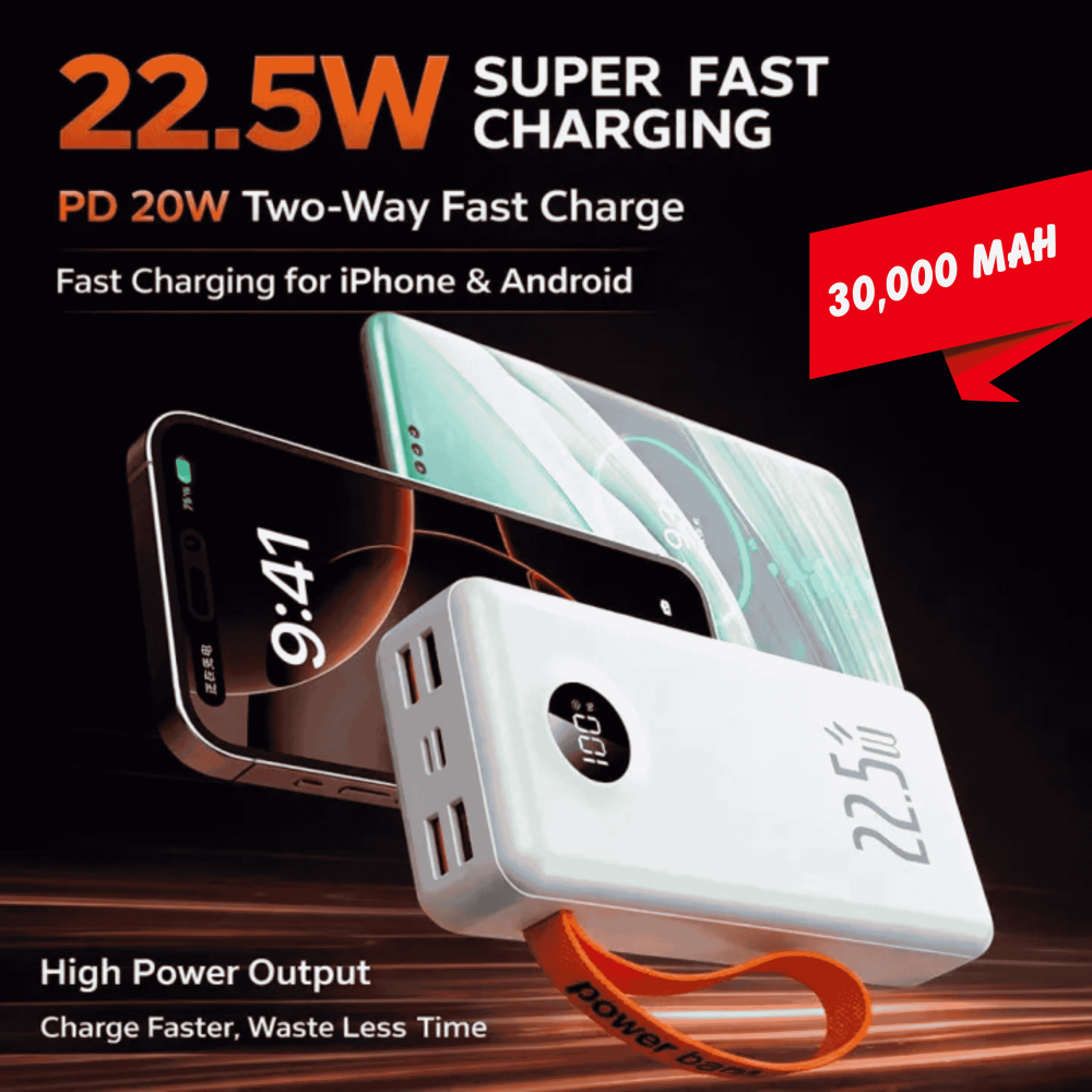 Power Bank 30000mAh with Built-in Fast Charging Cable | PD 22.5W High Capacity Portable Power Bank for Travel